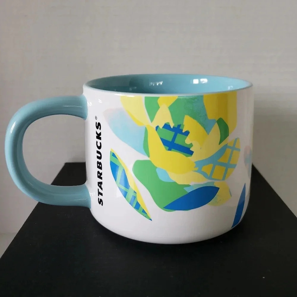 Starbucks 14oz Large/Chunky Teal/Yellow/White Springtime Citrus Inspired Mug.